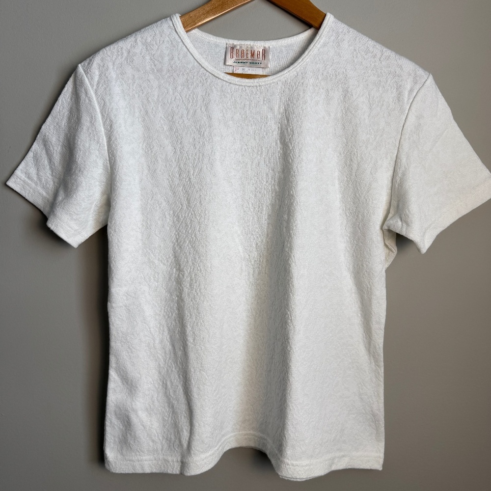 Braemar Jeremy‎ Scott Women's L Jacquard Short Sleeve Vintage T-Shirt Top White